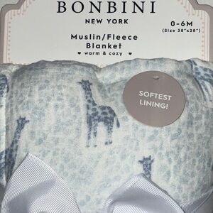 BONBINI MUSLIN FLEECE SOFT COZY BABY BOY BLUE GIRAFFES 28x38 BLANKET NWT